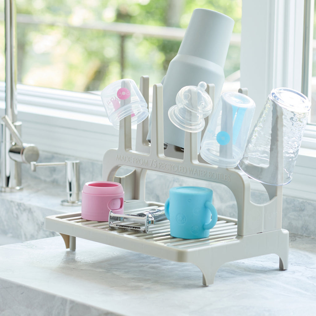 PopYum Seattle Gray Space Saving Drying Rack from 100% Recycled Bottles, countertop for Baby Bottle, Plastic Bags, Cups, Glass, tumblers, Compact