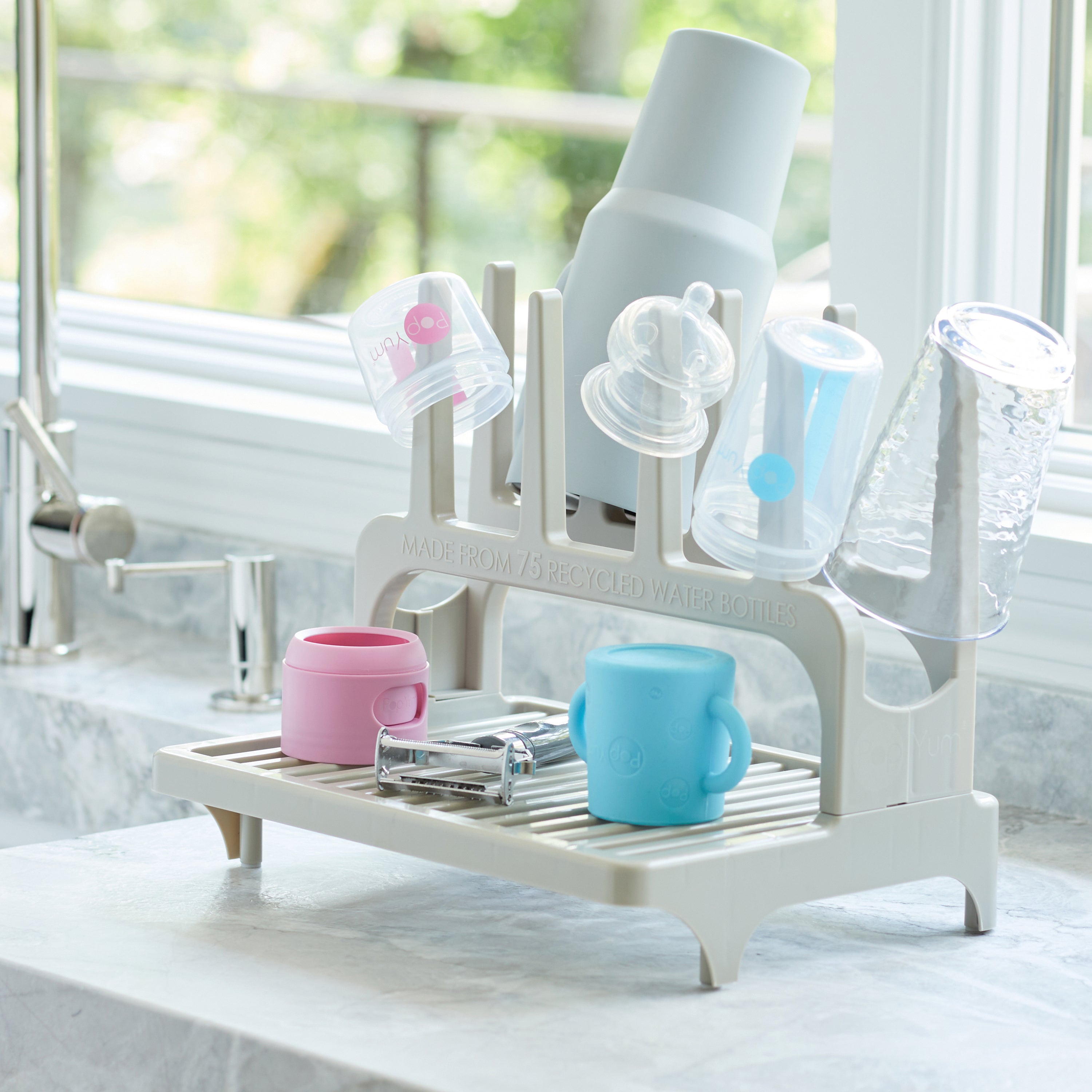 PopYum Seattle Gray Space Saving Drying Rack from 100% Recycled Bottles, countertop for Baby Bottle, Plastic Bags, Cups, Glass, tumblers, Compact
