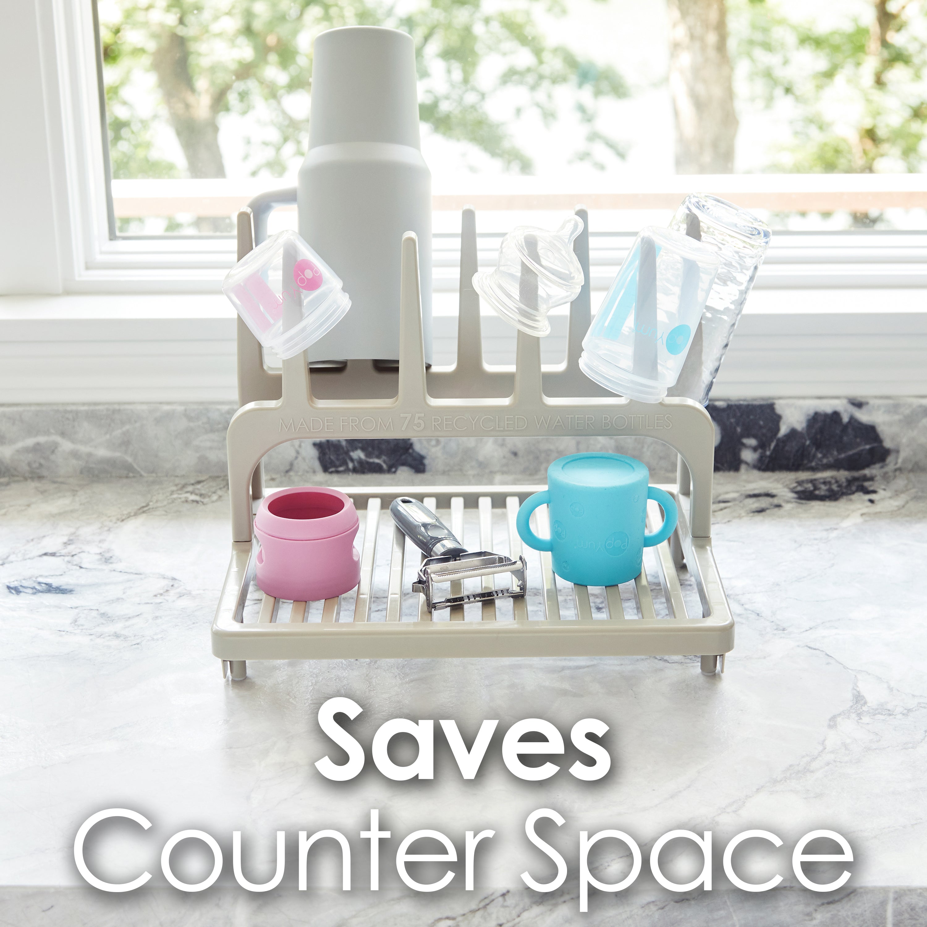 PopYum Seattle Gray Space Saving Drying Rack from 100% Recycled Bottles, countertop for Baby Bottle, Plastic Bags, Cups, Glass, tumblers, Compact